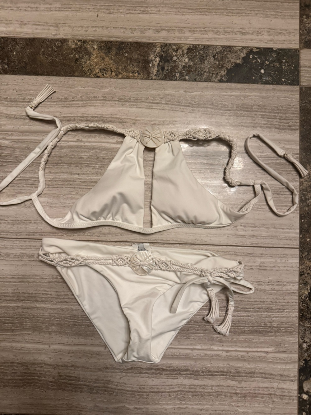 Braided Halter White Bikini Set with Decorative Medallions